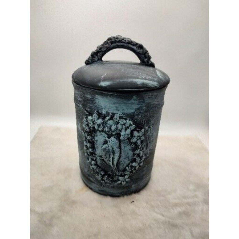 Repurposed Small  storage Canister Handmade By Me With Lid 6.5" Tall Ceramic